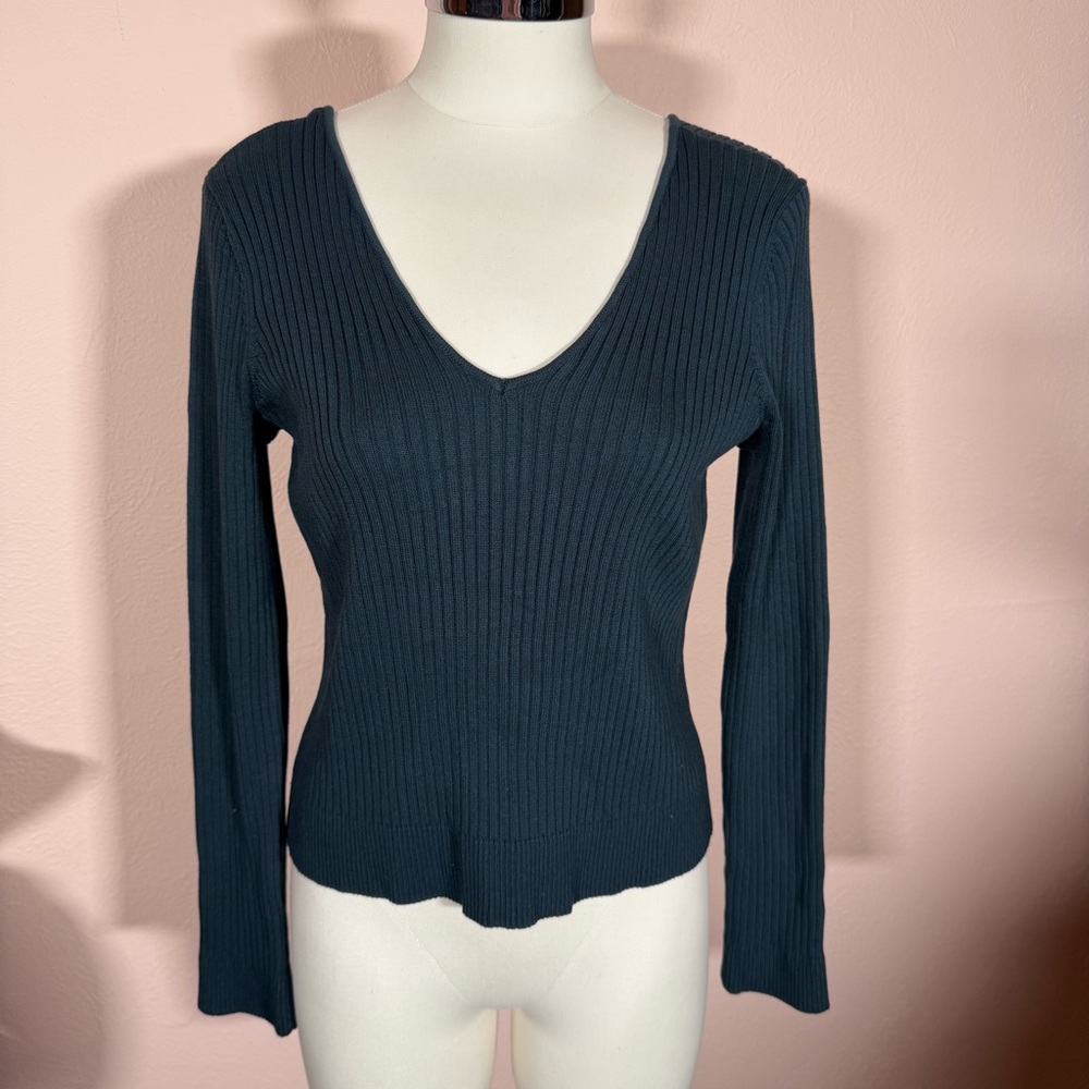 Skies Are Blue Teal green V neck low back ribbed cropped sweater size large